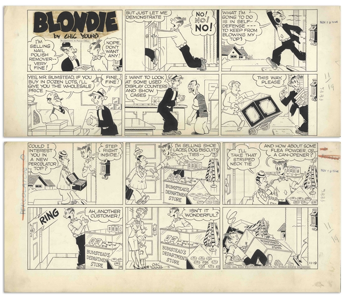 Chic Young Hand-Drawn ''Blondie'' Sunday Comic Strip From 1944 -- Dagwood Has Had Enough With Salesmen